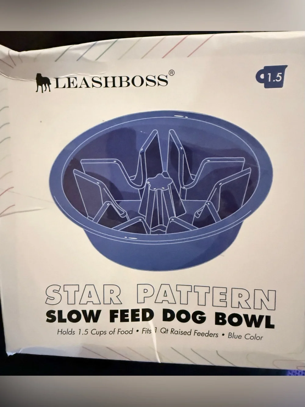 Leashboss Star Pattern Slow Feed Dog Bowl in Blue Capacity One and One Half Cup